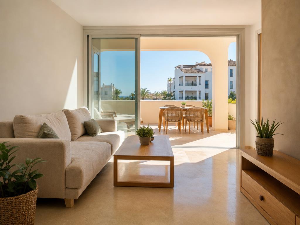 Bright apartment living room opening onto a terrace in southern Spain